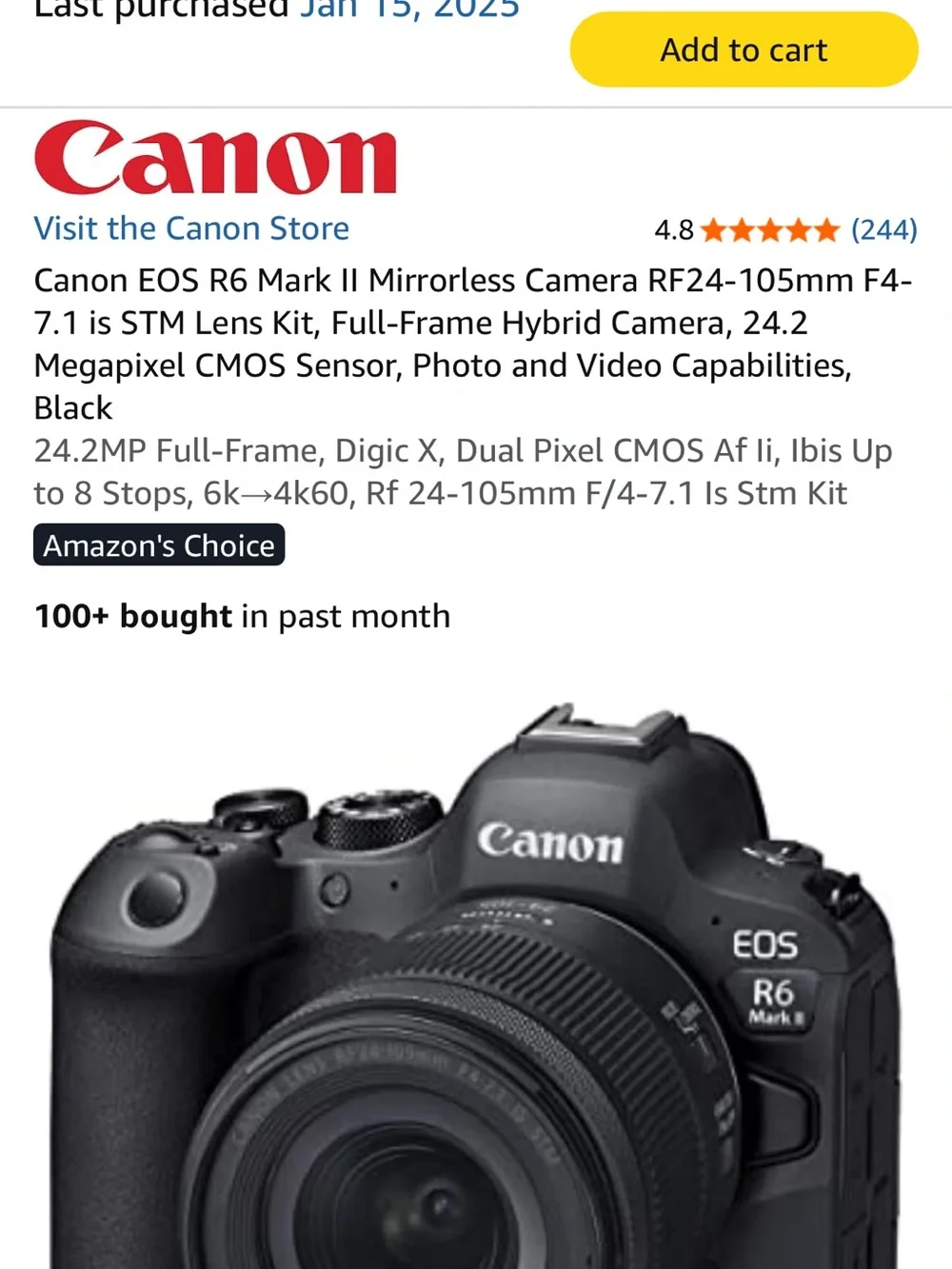 Canon EOS R6 Mark II Mirrorless Camera - Black Body with Black Lens NWOT